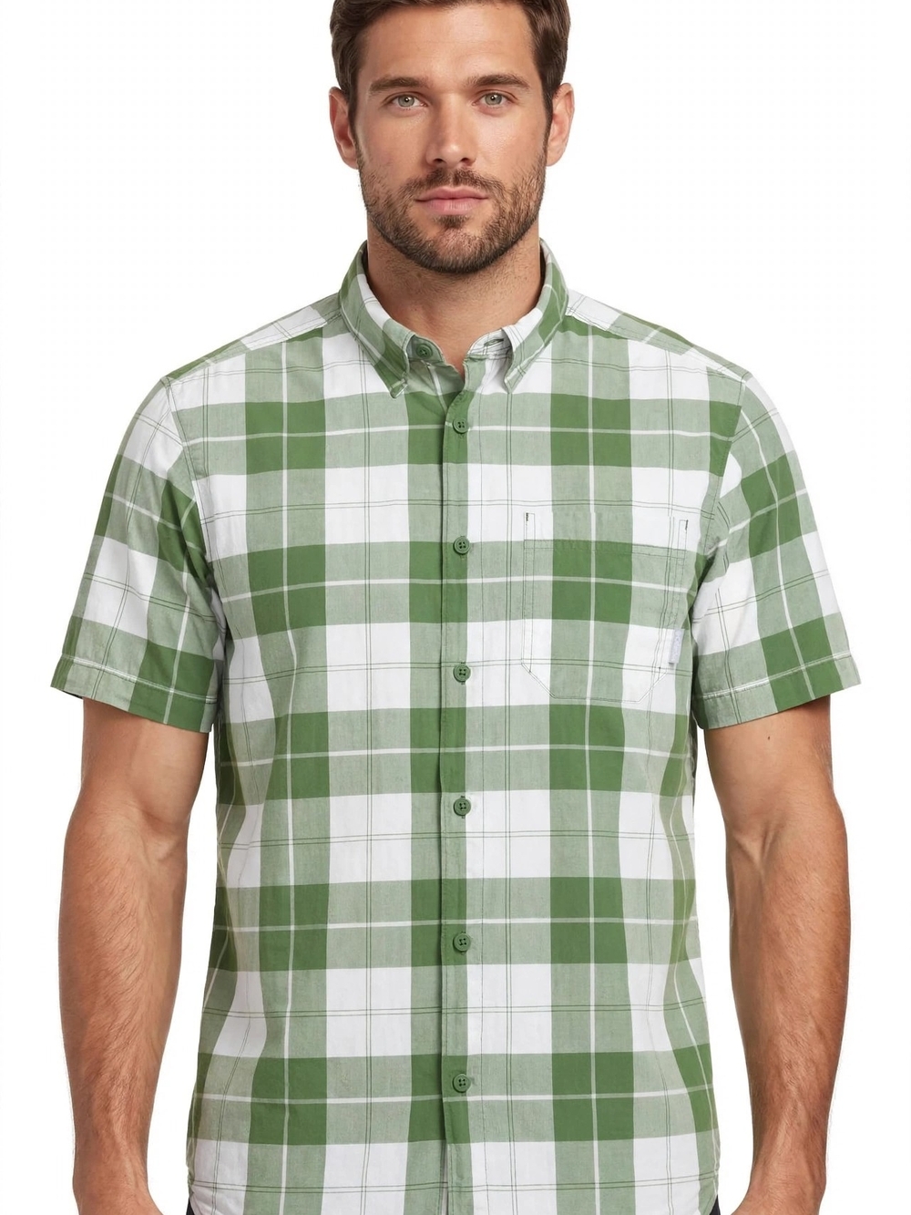 Columbia Green and White Plaid Short-Sleeve Button-Down Shirt.